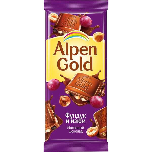  Шоколад молочный Альпен Голд фундук и изюм 85г Покров 