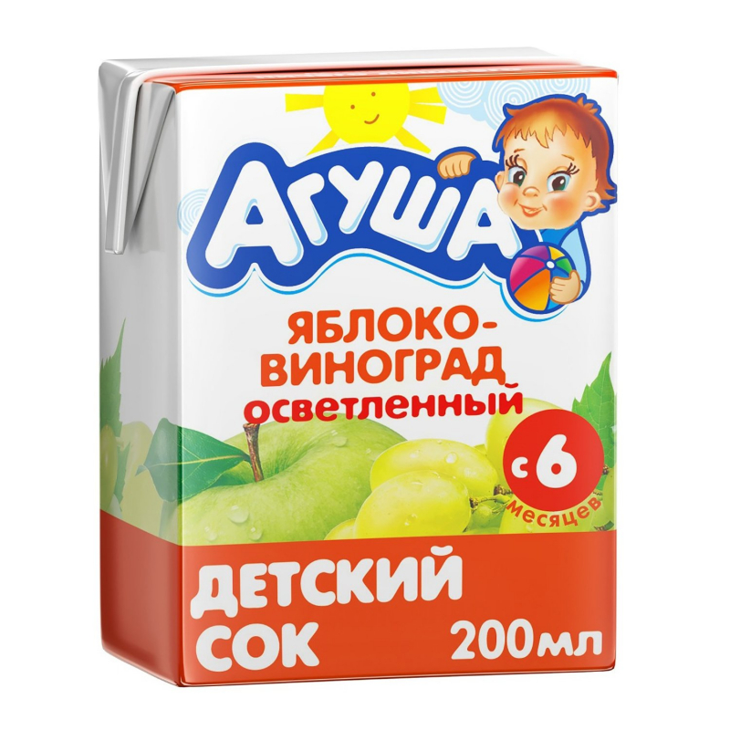  Агуша сок детск. 0% 200г яблоко-виноград осв. (18) БЗМЖ 